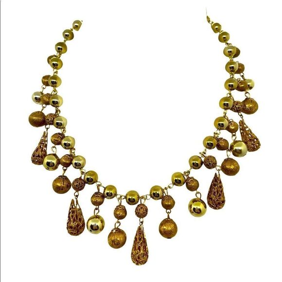 Vintage 50s Lisner Gold Tone Etruscan Revival Dangling Filgree Choker Necklace - Picture 3 of 11